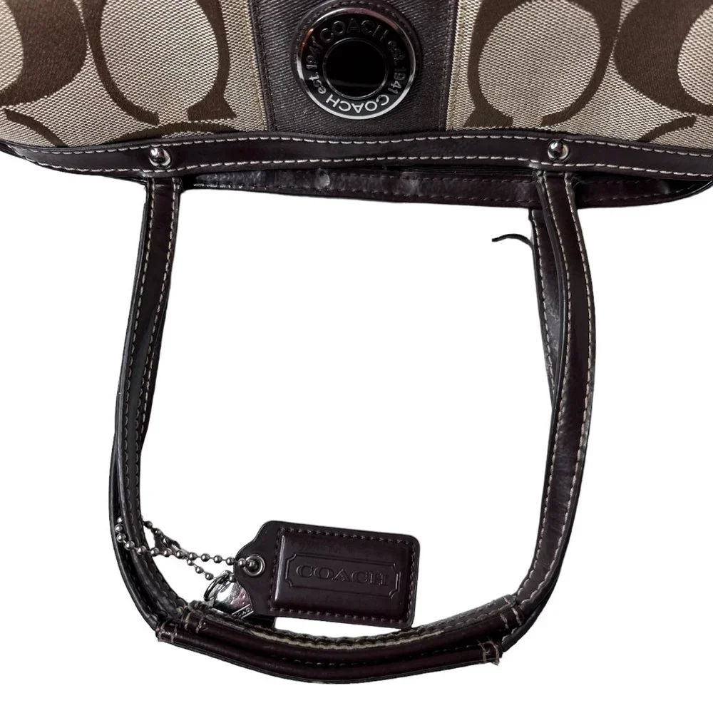 Coach Khaki and Mahogany Stripe Signature Kisslock Carryall Bag F19190 - Picture 8 of 13